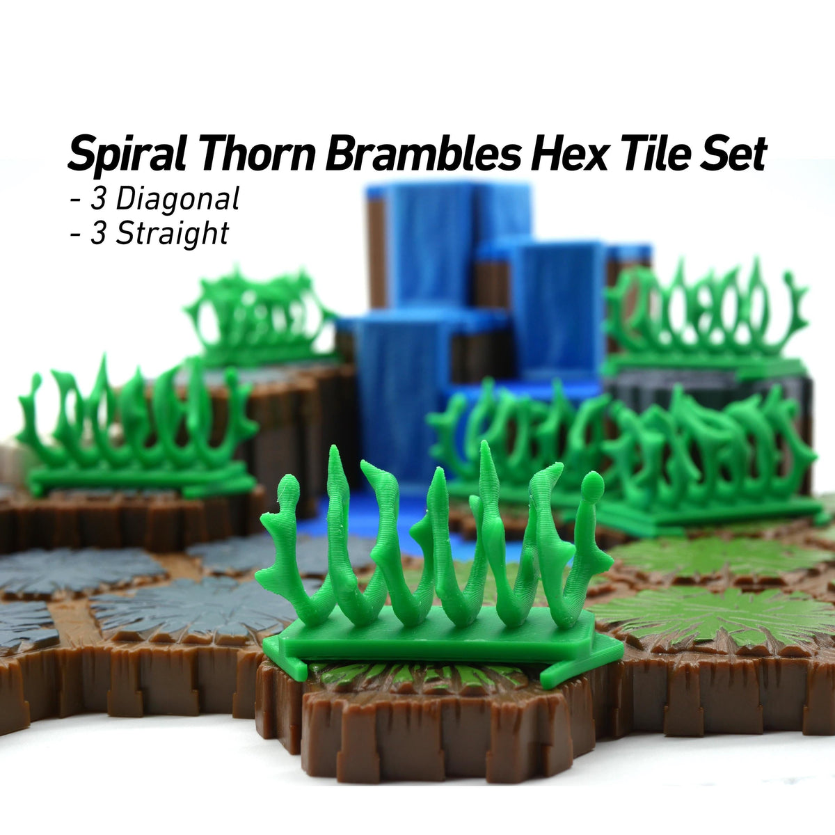 JCSFY HeroScape-compatible spiral thorn brambles terrain pieces on a tabletop battlefield