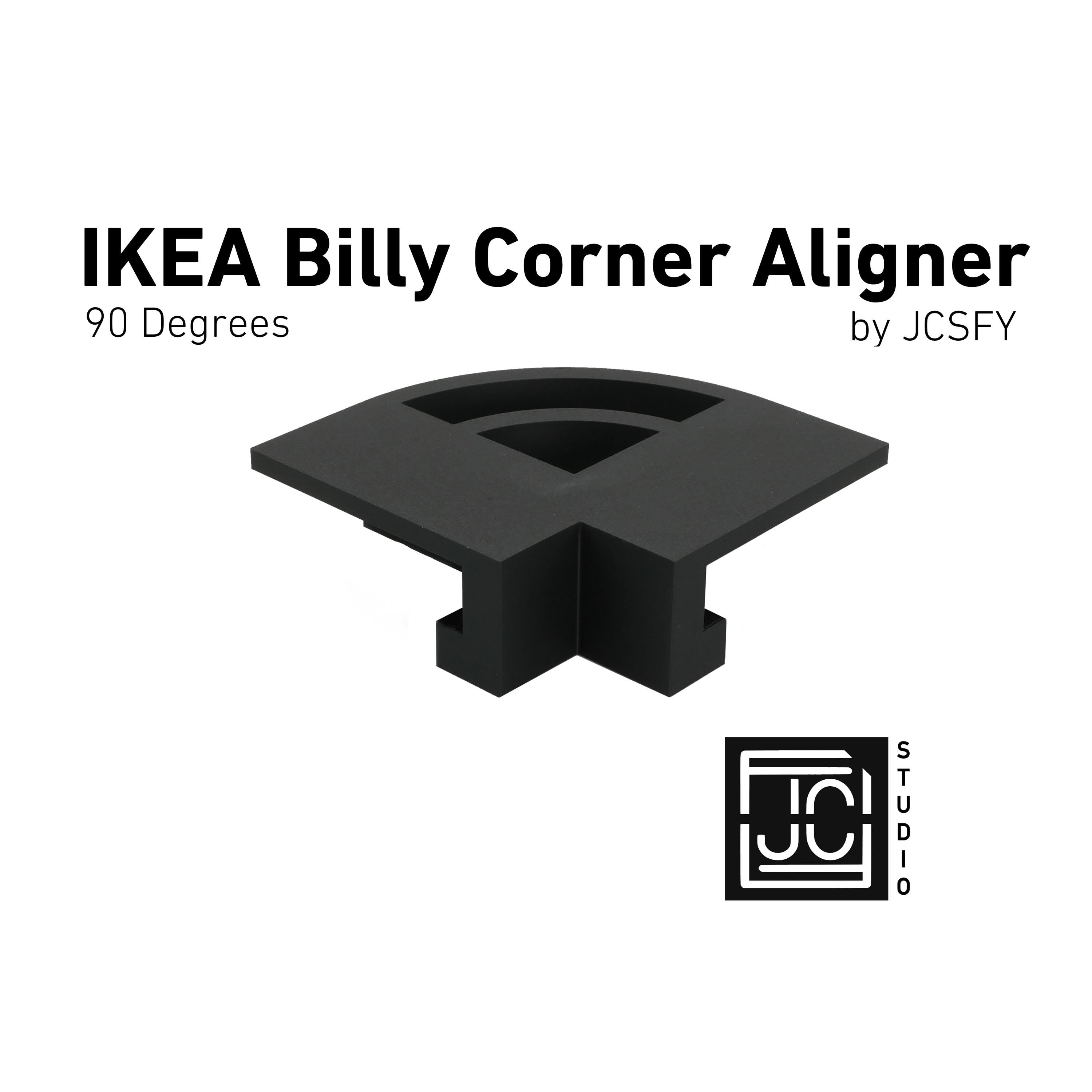 JCSFY 90 degree corner hook clip aligner installed on IKEA Billy bookshelves.