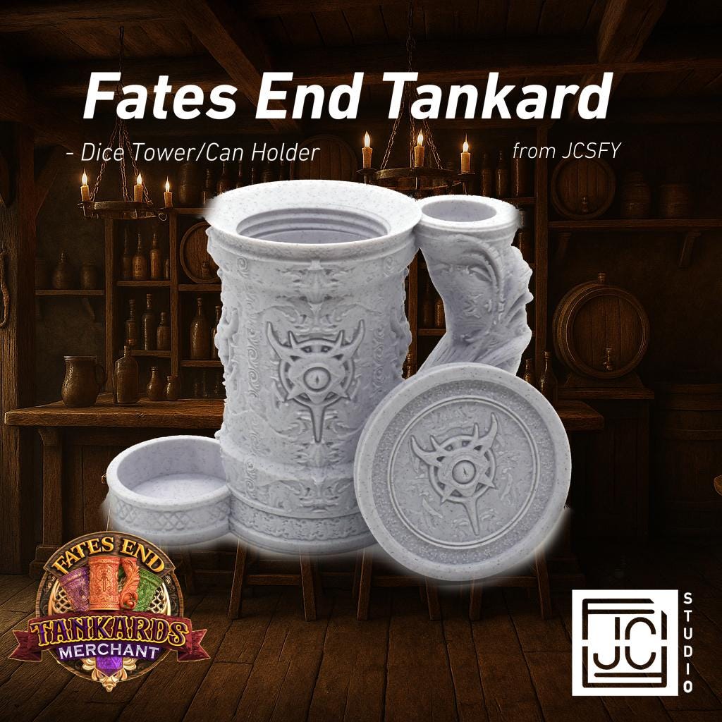 JCSFY Warlock-themed tankard dice tower and can holder from the Fates End collection