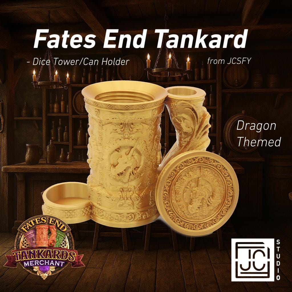 JCSFY dragon themed tankard dice tower and can holder shown in the Etsy listing hero image