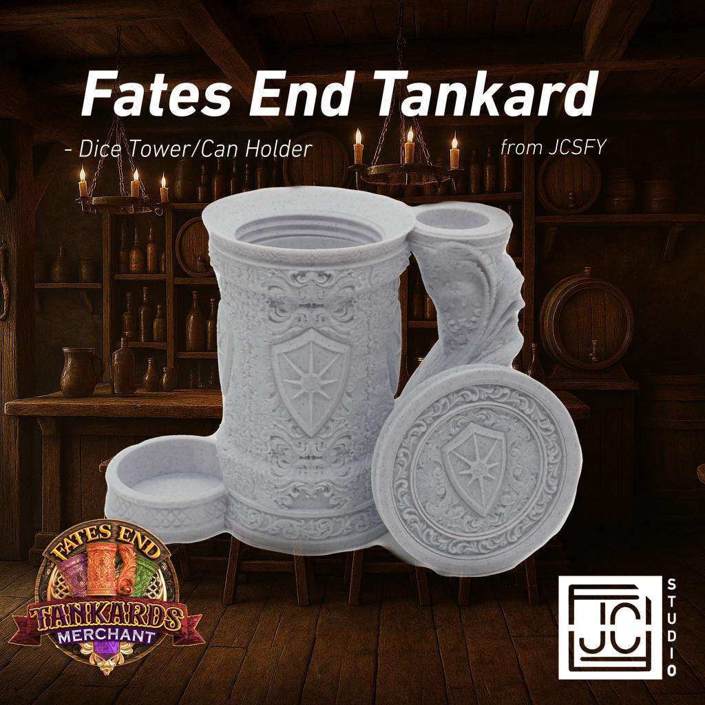 JCSFY Paladin tankard dice tower and can holder shown in the Etsy listing hero image
