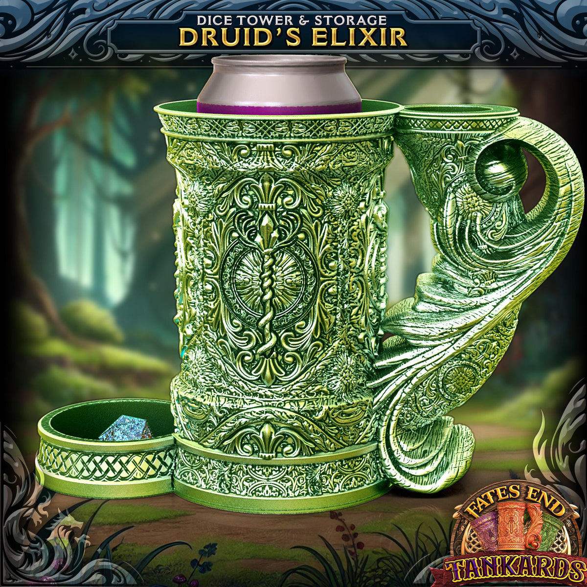 JCSFY druid-themed tankard dice tower and can holder shown in the Etsy listing hero image