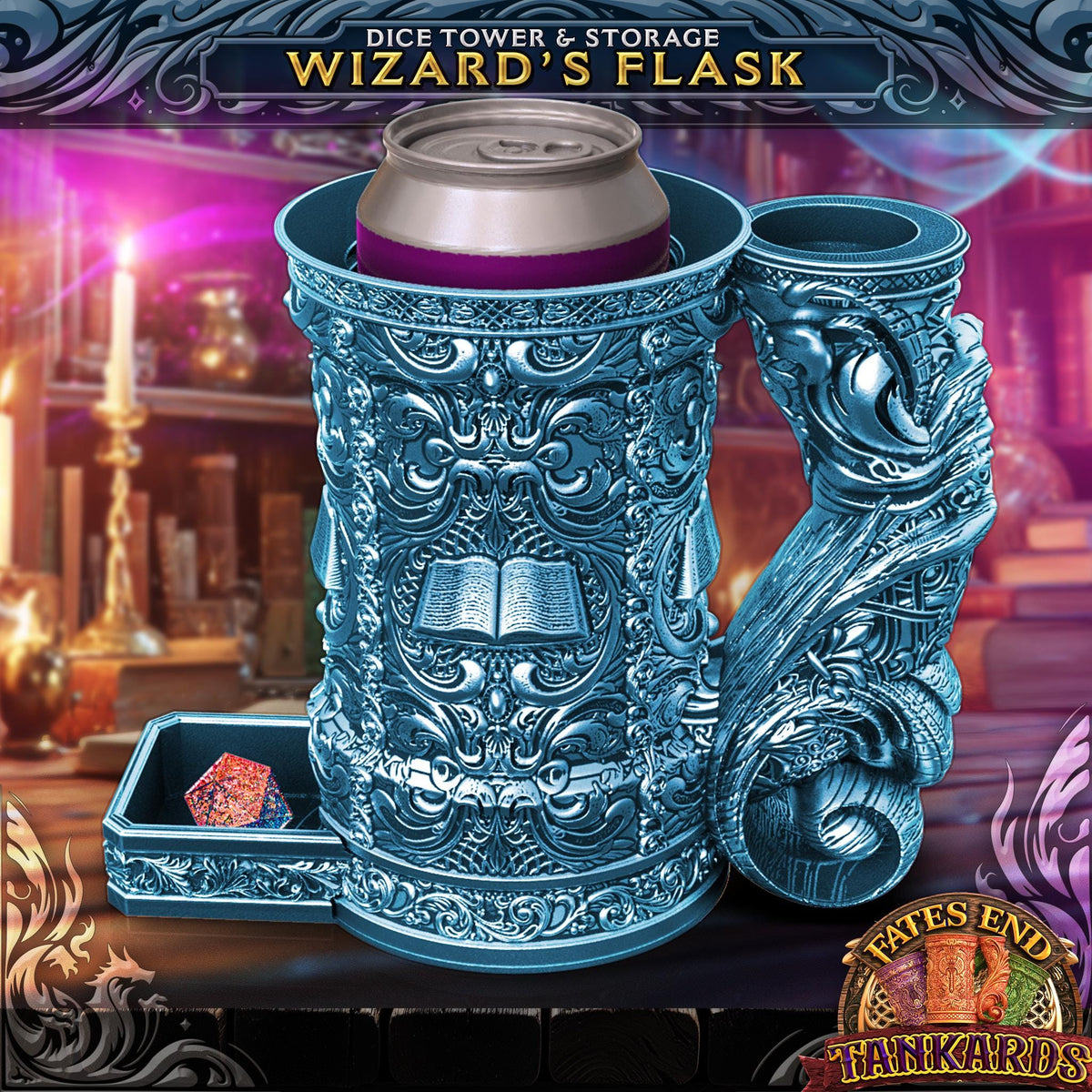 JCSFY Wizard Tankard Dice Tower and Can Holder shown in the Etsy listing hero image