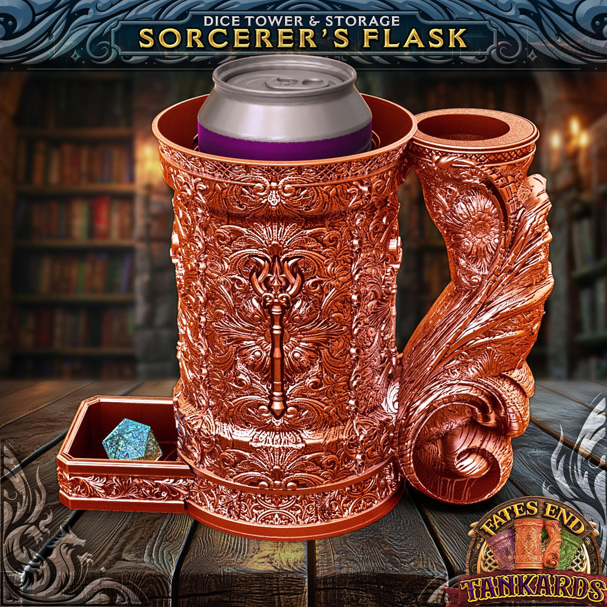 JCSFY sorcerer-themed tankard dice tower and can holder shown in the Etsy listing hero image
