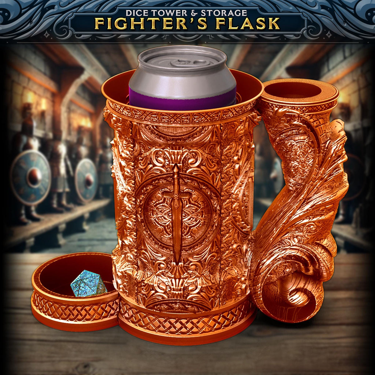 JCSFY fighter-themed tankard dice tower and can holder shown in the Etsy listing hero image