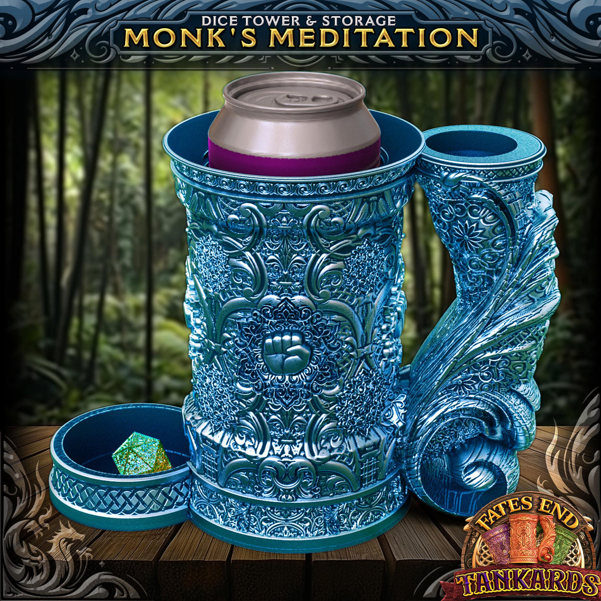 JCSFY Monk tankard dice tower and can holder shown in the Etsy listing hero image