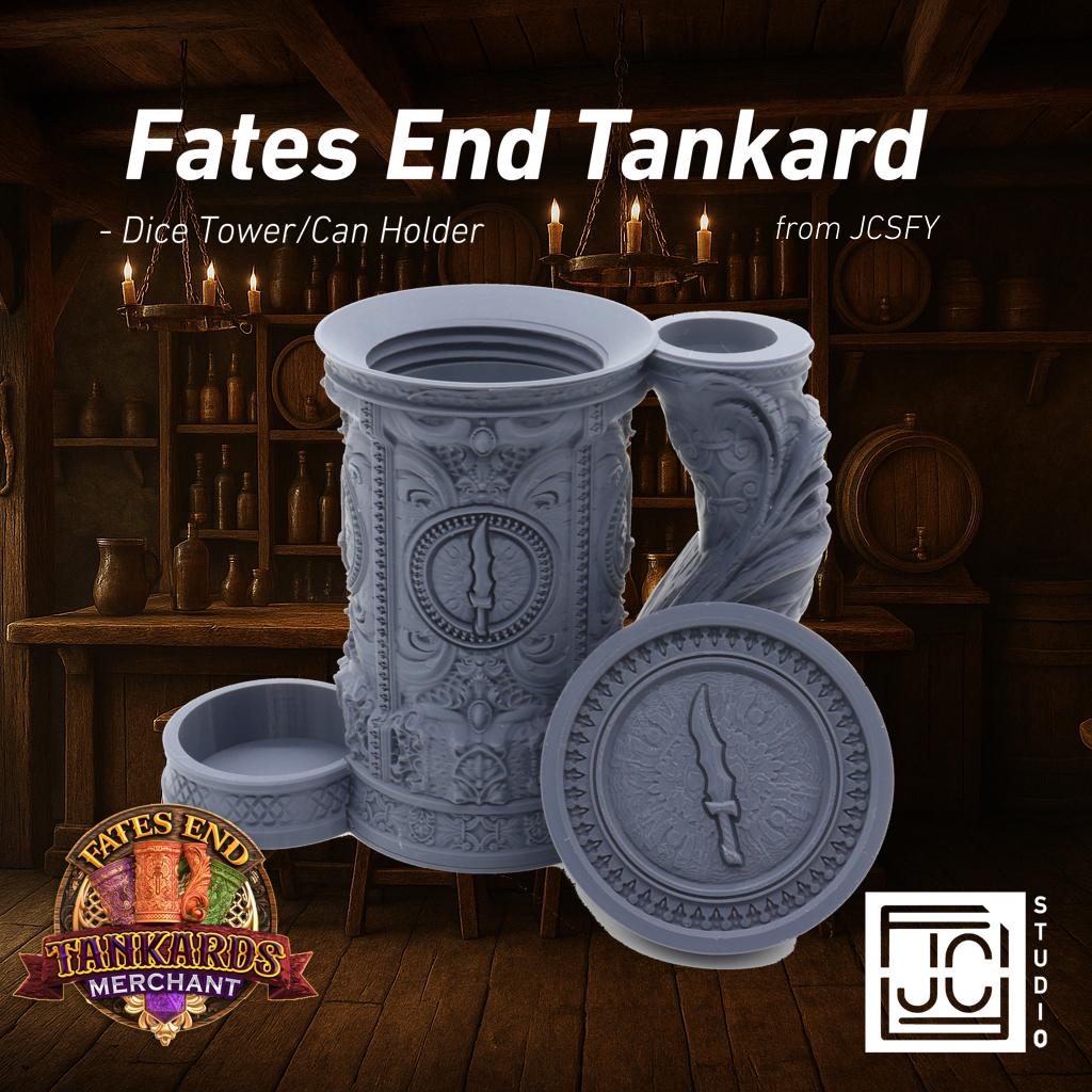 JCSFY rogue-themed tankard dice tower and can holder shown in the Etsy listing hero image