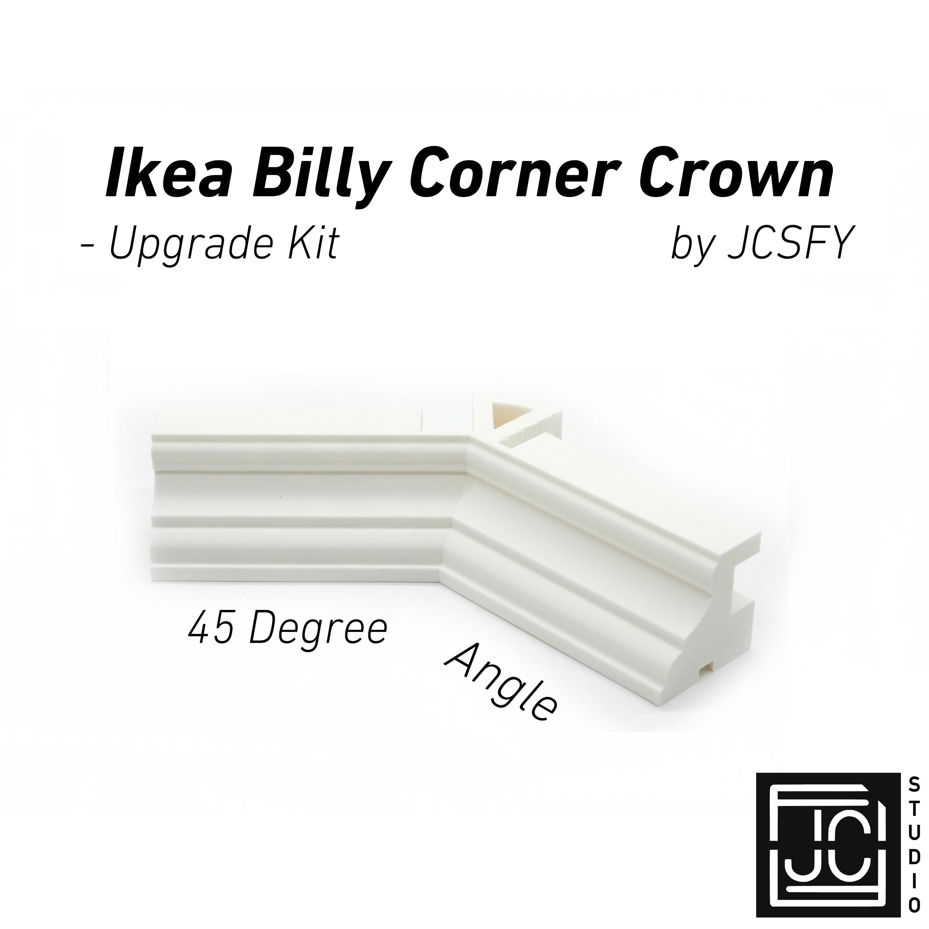 JCSFY IKEA Billy crown molding 45 degree corner upgrade installed on a bookshelf corner