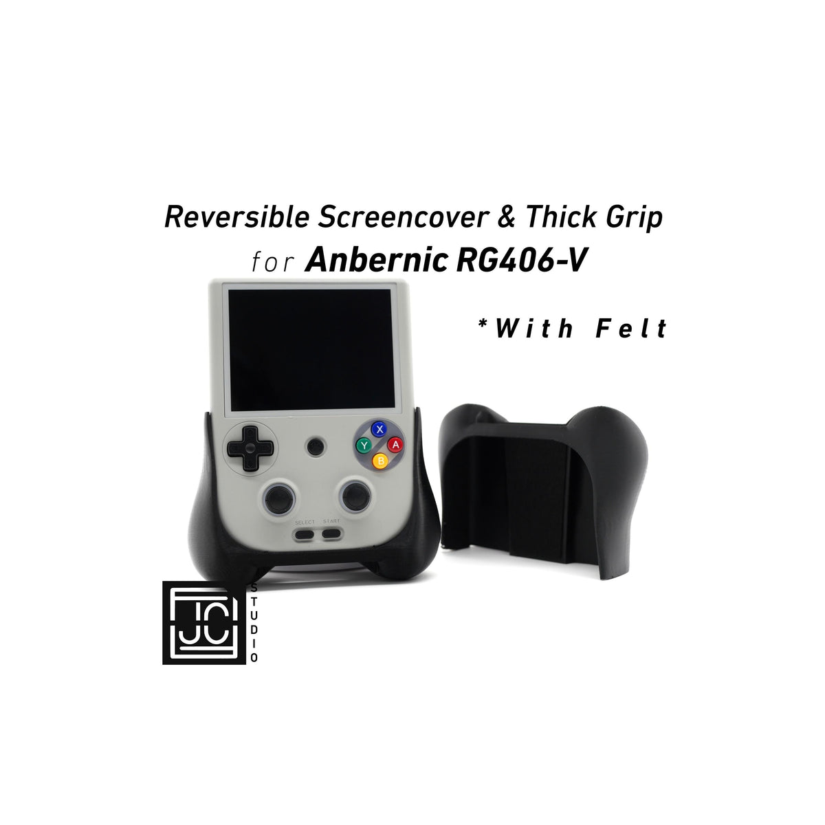 JCSFY Anbernic RG406V and RG405V thick grip with reversible screen cover shown in the Etsy listing hero image
