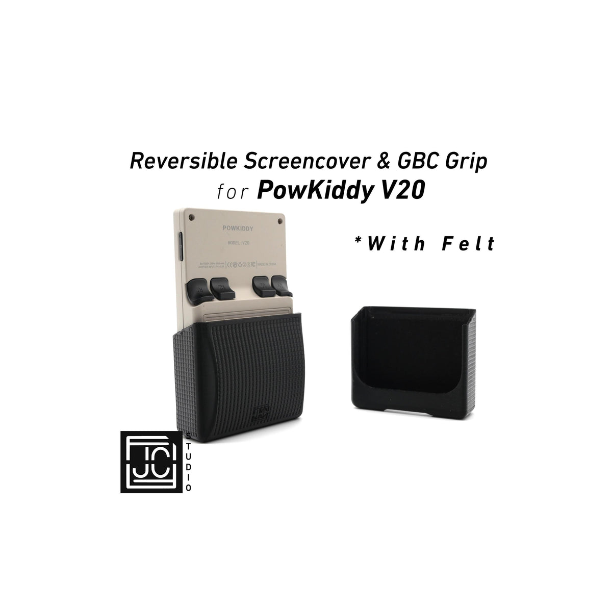 JCSFY PowKiddy V20 GBC-style chin grip and reversible screen cover shown in the Etsy listing hero image