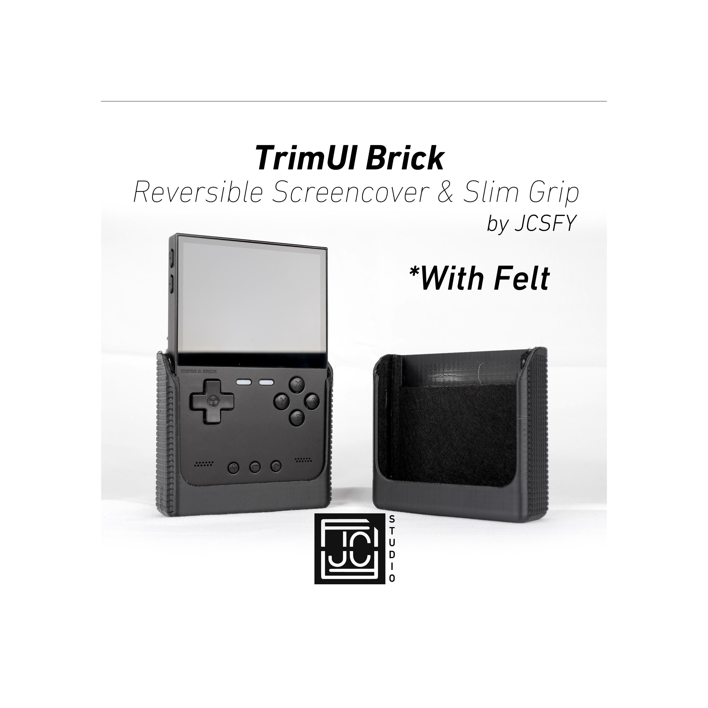 JCSFY slim grip and reversible screen cover for the TrimUI Brick handheld