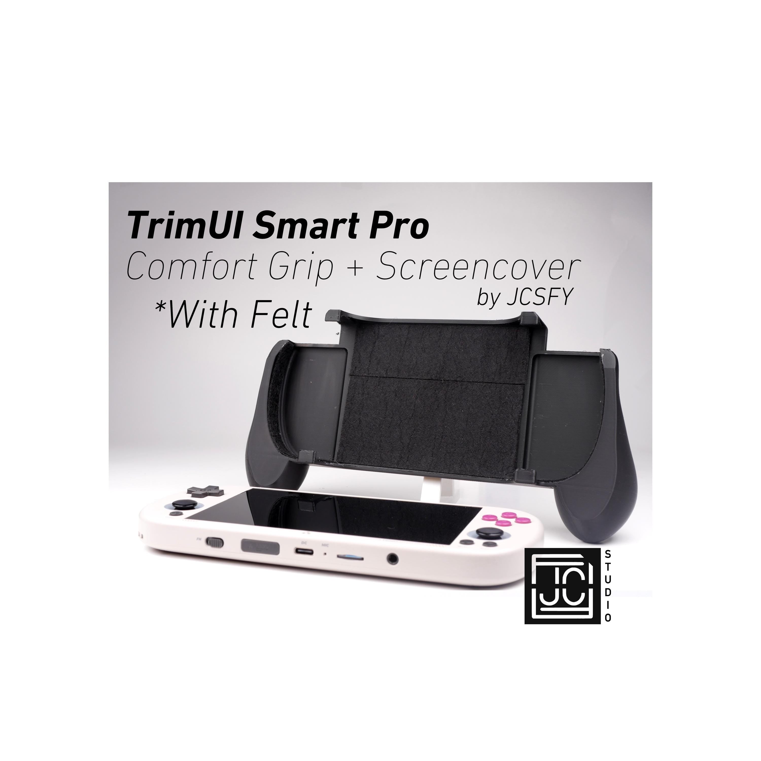 JCSFY TrimUI Smart Pro thick 2-in-1 grip and screen cover with felt lining installed on the handheld