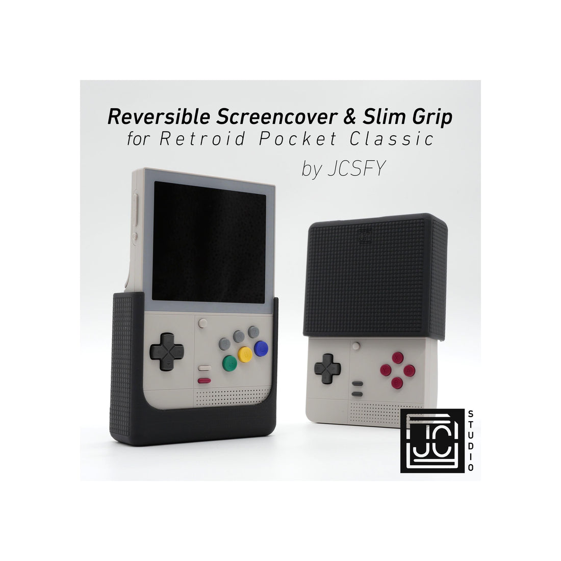 JCSFY slim grip and reversible screen cover for the Retroid Pocket Classic shown in the Etsy listing hero image