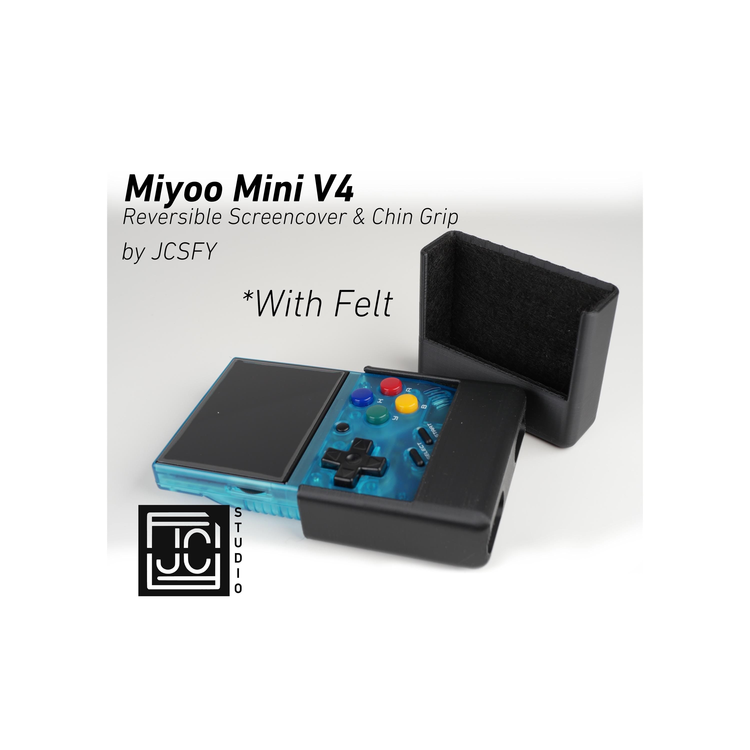 JCSFY Miyoo Mini V4 2-in-1 grip and reversible screen cover shown in the Etsy listing hero image