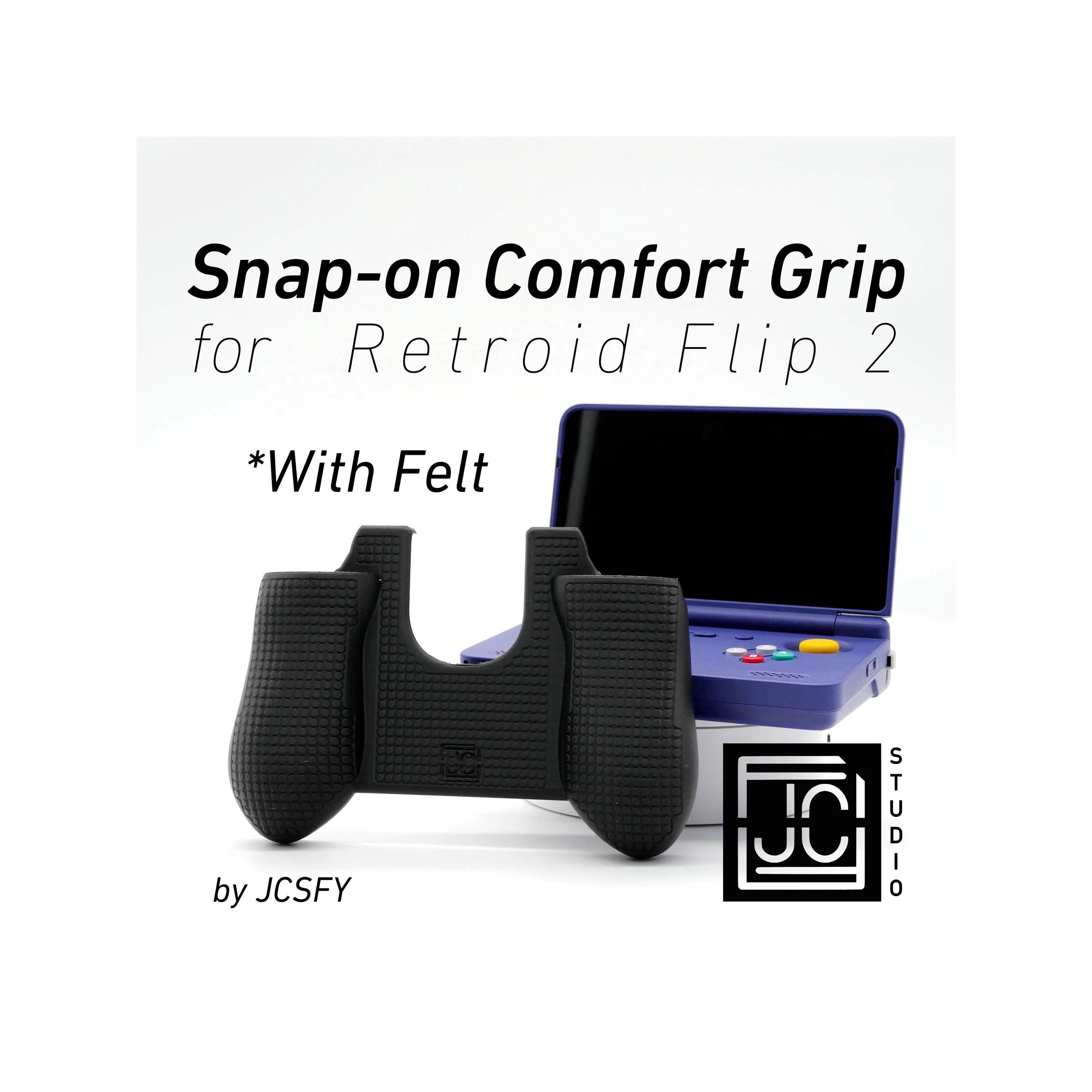JCSFY thick felt-lined grip installed on a Retroid Flip 2 handheld.
