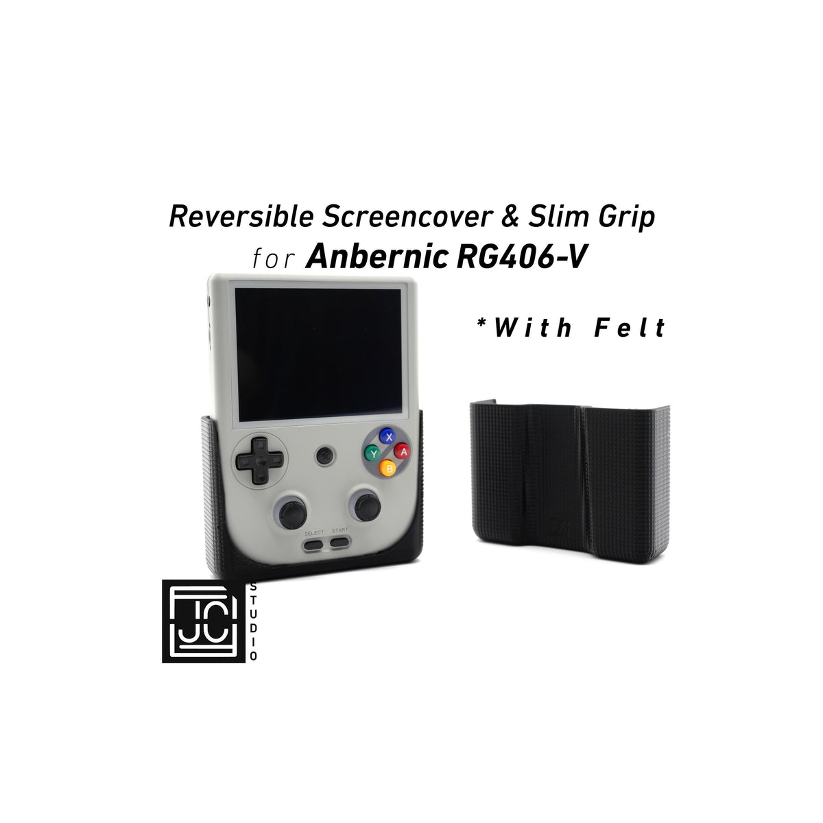 JCSFY Anbernic RG406V and RG405V slim grip with reversible screen cover shown in the Etsy listing hero image