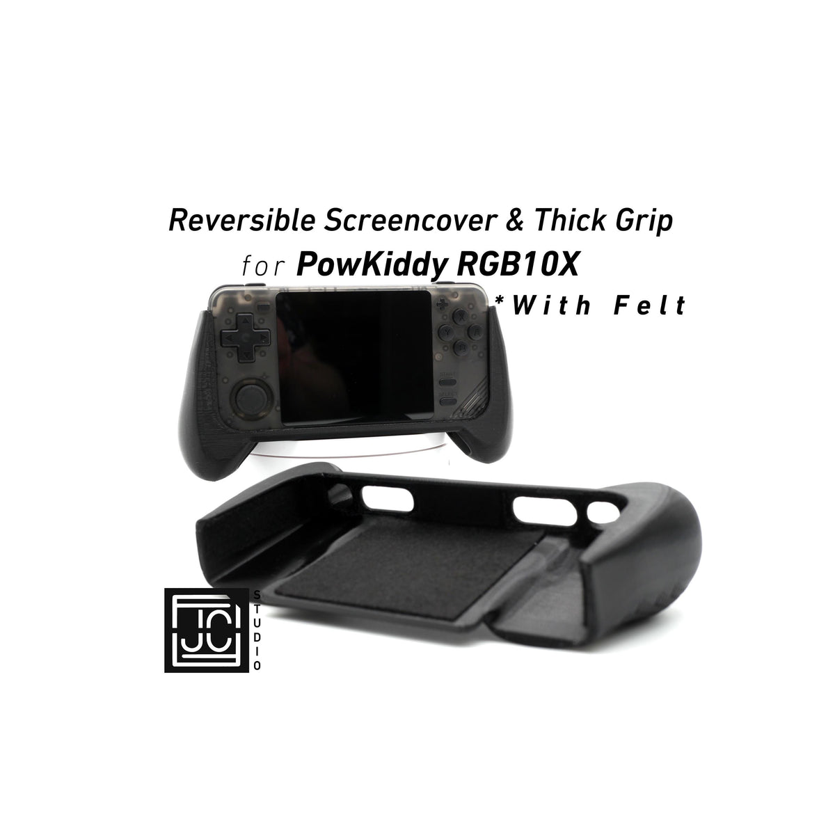 JCSFY PowKiddy RGB10X comfort grip and reversible screen cover shown in the Etsy listing hero image