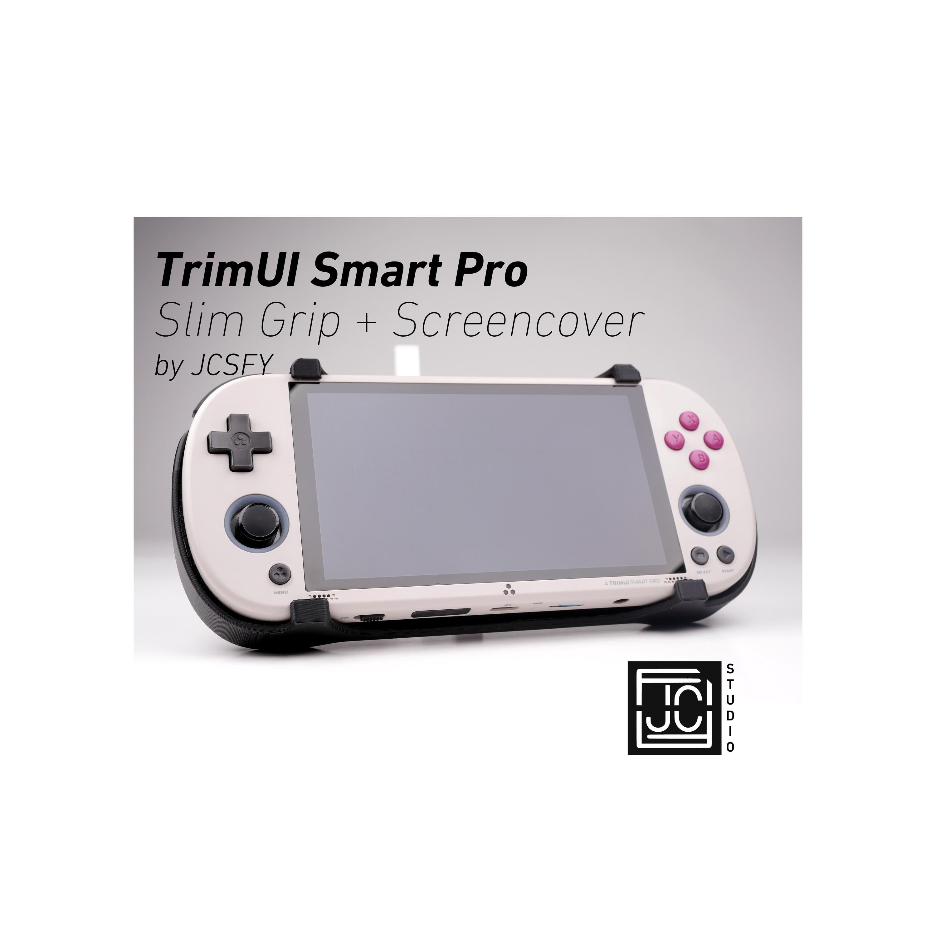 JCSFY slim 2-in-1 grip and reversible screen cover for the TrimUI Smart Pro shown in the Etsy listing hero image