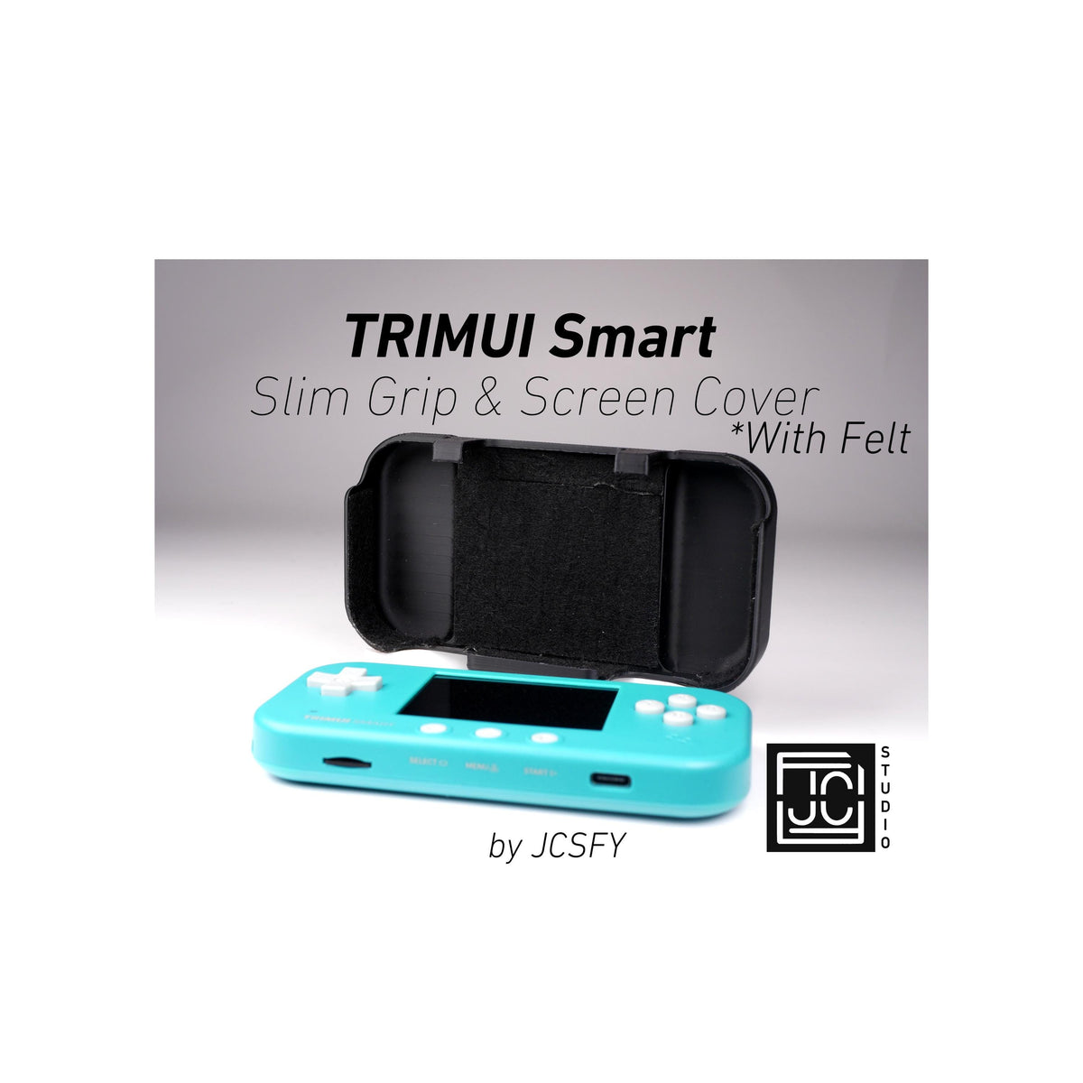 JCSFY TrimUI Smart slim grip and reversible screen cover shown as the featured handheld accessory