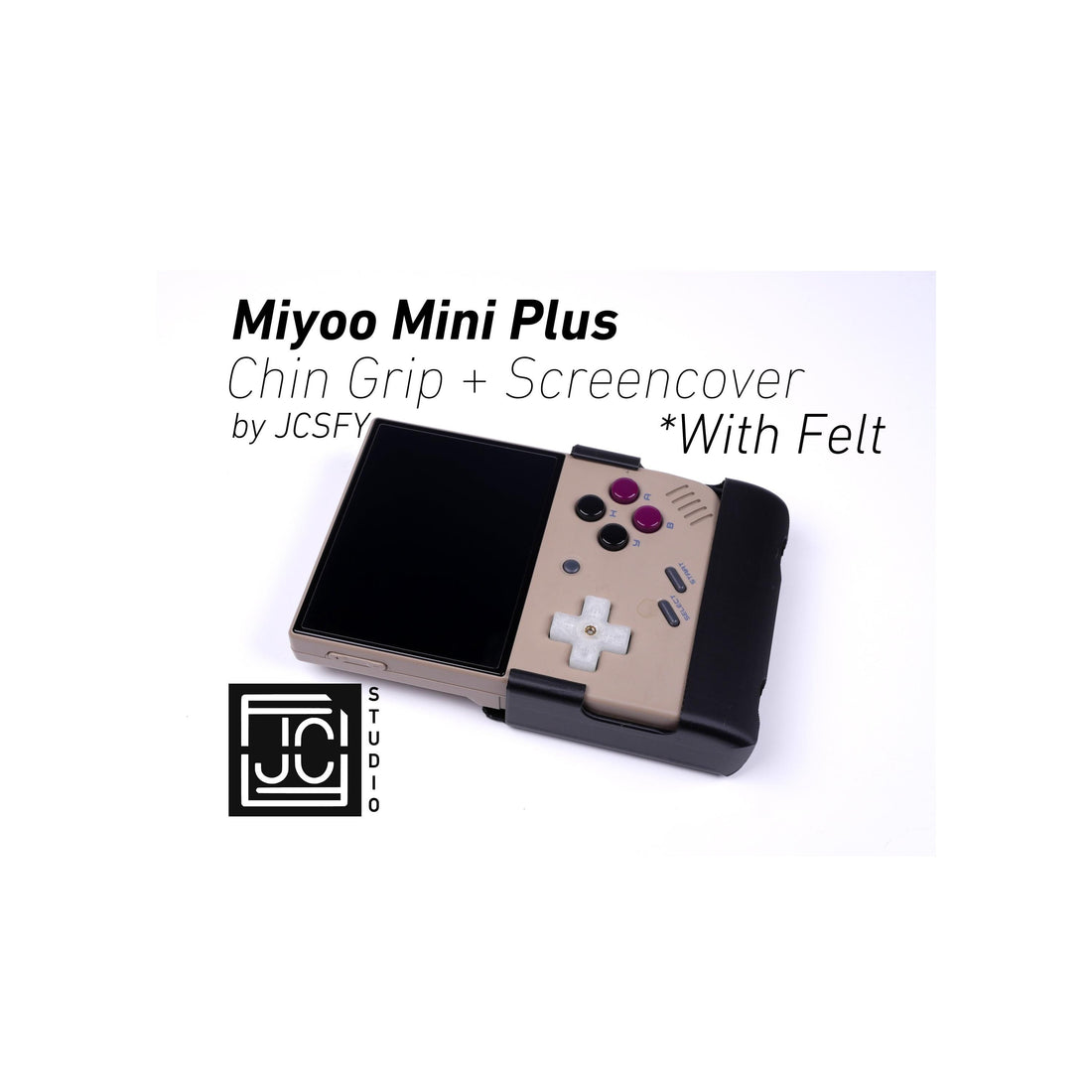 JCSFY Miyoo Mini Plus chin grip and reversible screen cover shown in the Etsy listing hero image