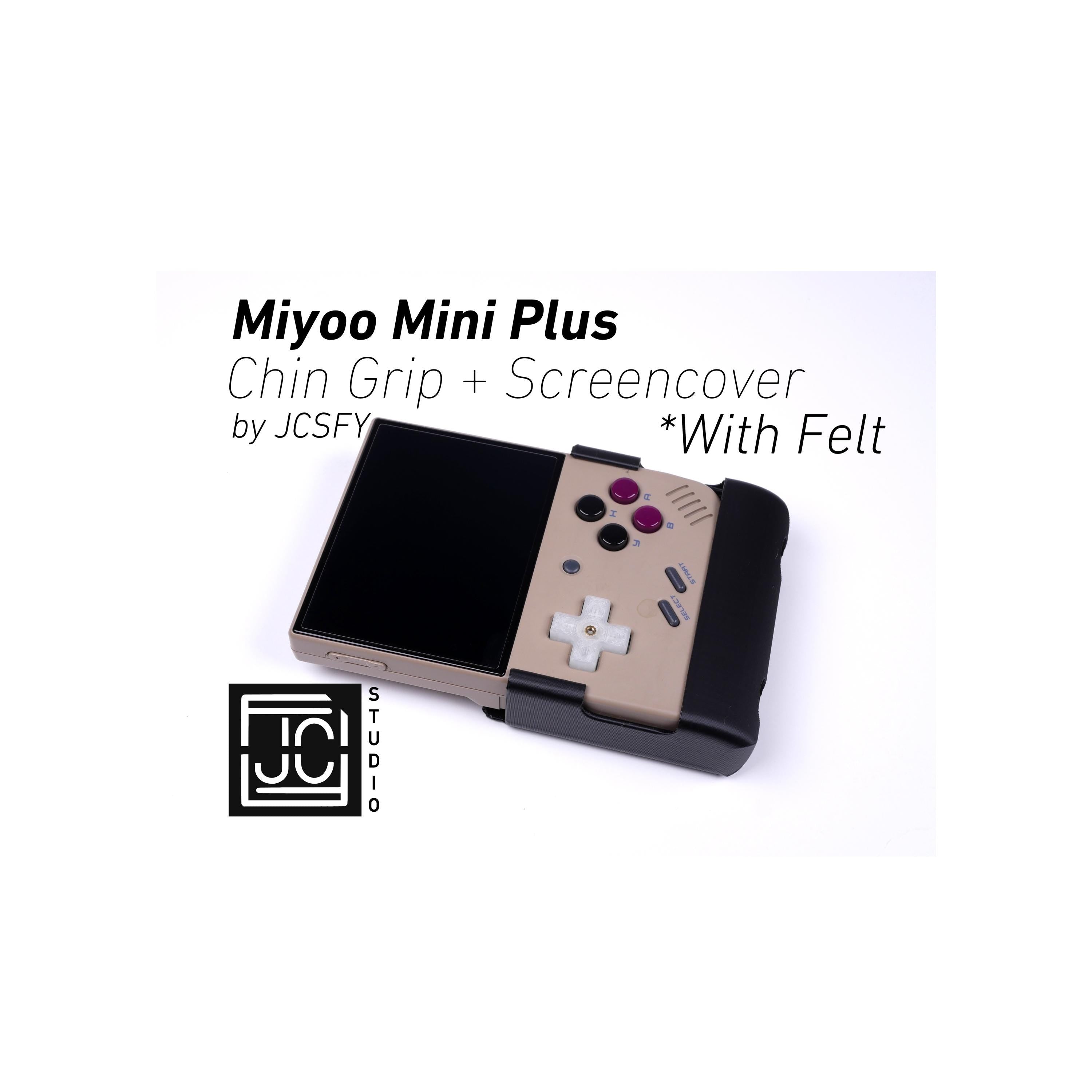 JCSFY Miyoo Mini Plus chin grip and reversible screen cover shown in the Etsy listing hero image