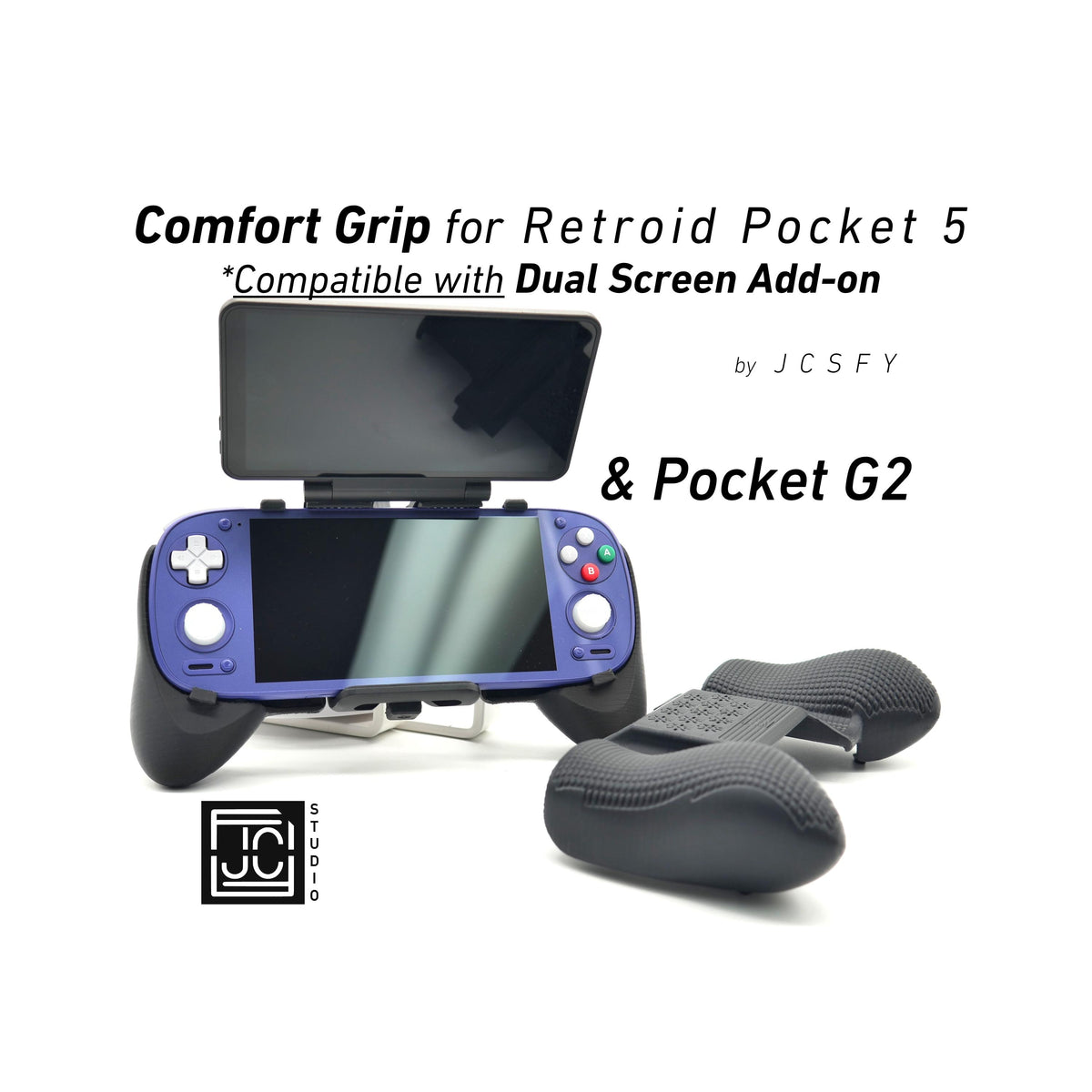 JCSFY thick comfort grip for the Retroid Pocket 5 and Pocket G2 with support for the Retroid dual-screen add-on.
