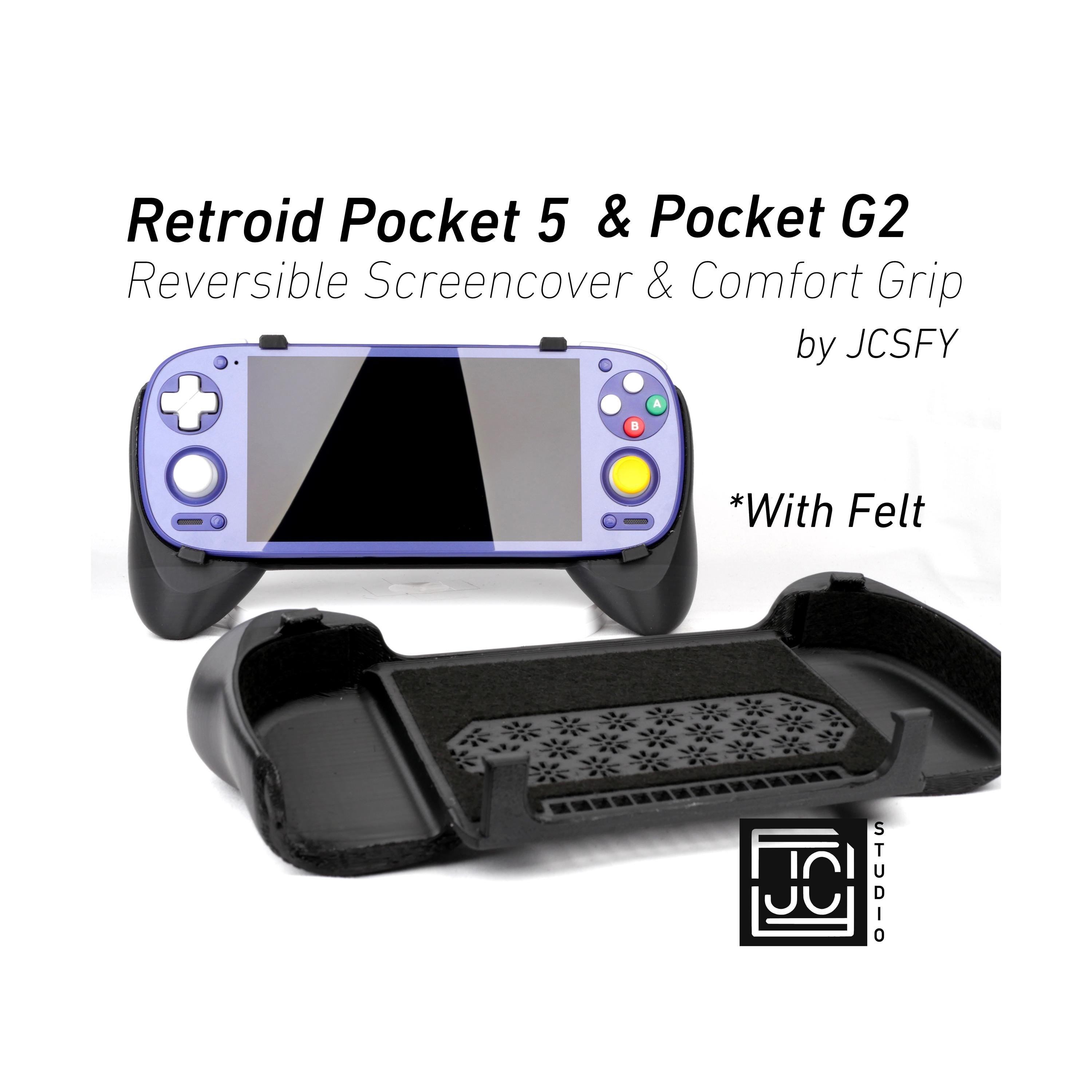 JCSFY thick grip and reversible screen cover for Retroid Pocket 5 and G2 handhelds.