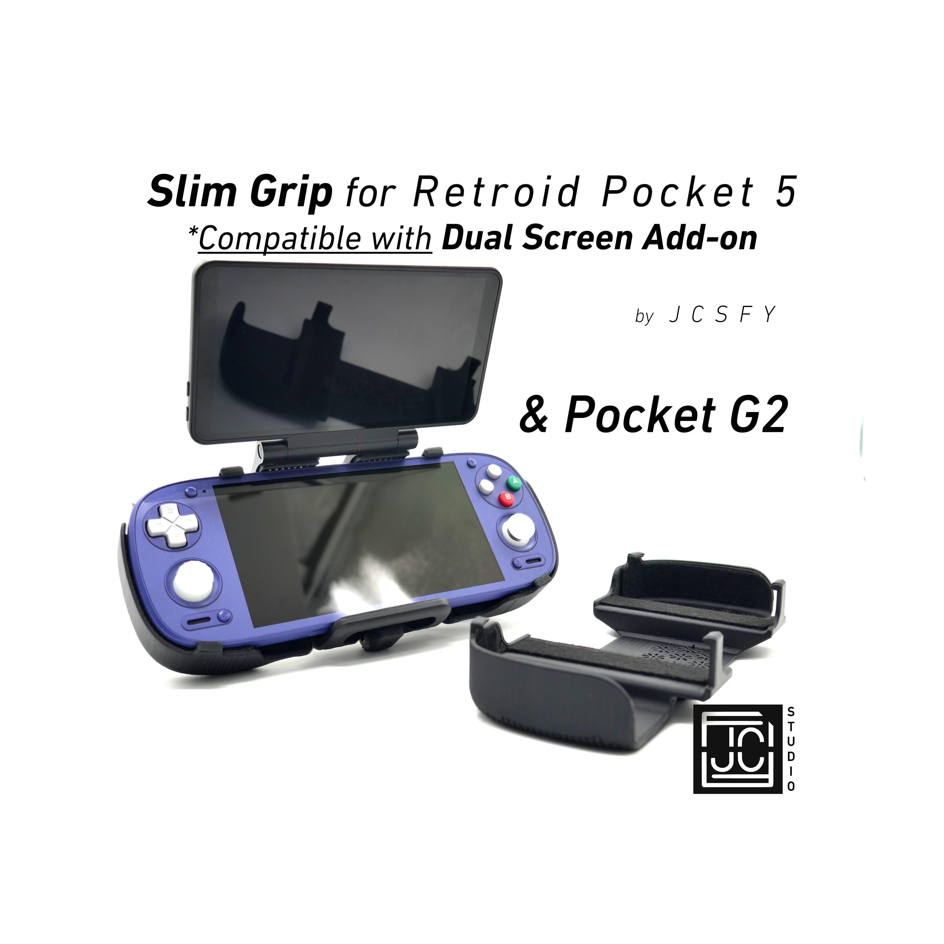 JCSFY slim grip for Retroid Pocket 5 and G2 shown with dual-screen add-on compatibility in the Etsy listing hero image