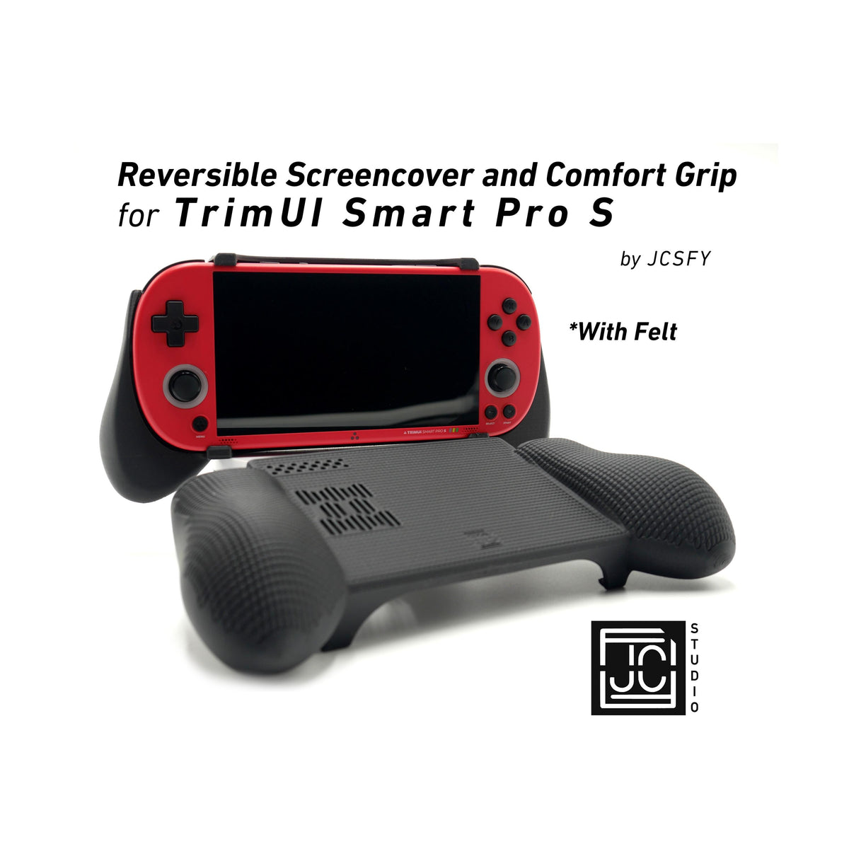 JCSFY TrimUI Smart Pro S thick grip and reversible screen cover shown in the Etsy listing hero image