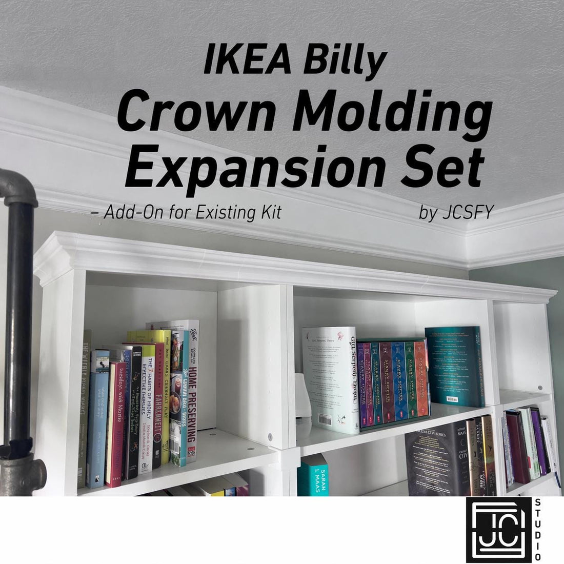 JCSFY IKEA Billy crown molding expansion add-on shown in the Etsy listing hero image