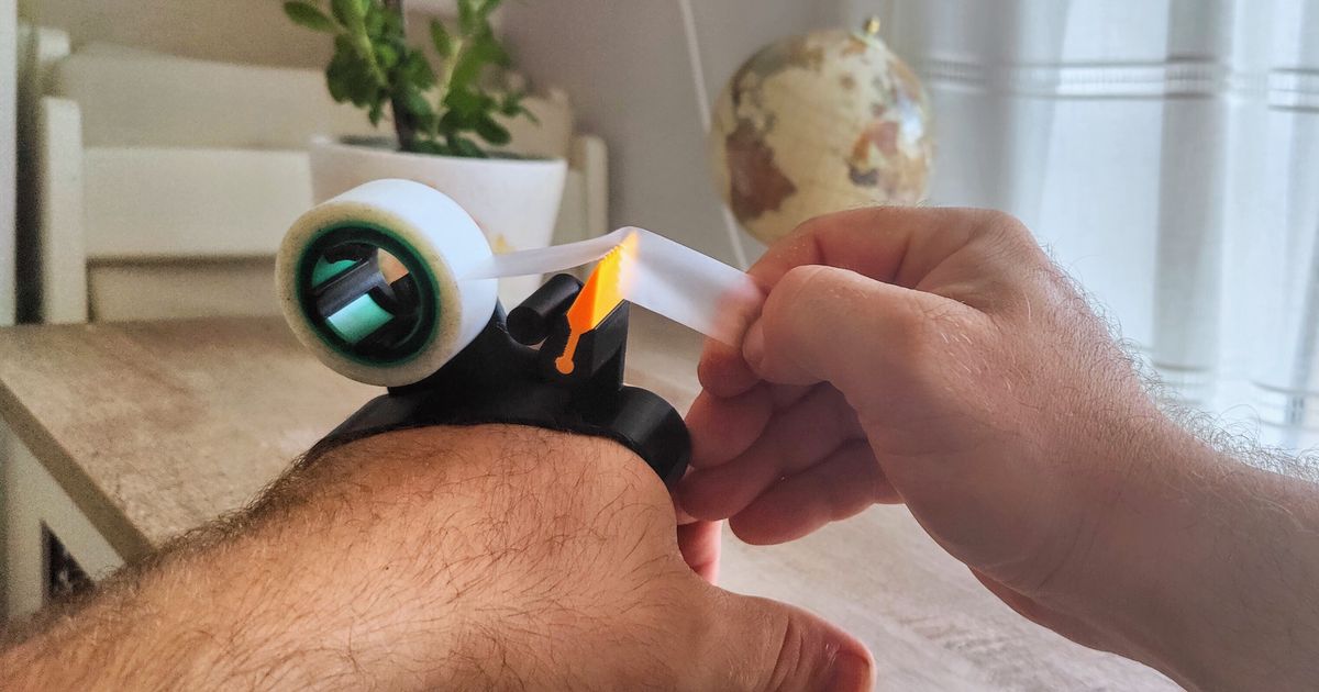 3D printed hand-mounted tape holder used for one-hand box sealing and labeling