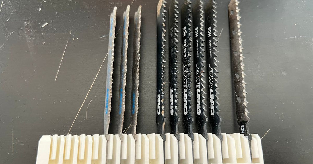 3D printed jig saw blade holder for sorted workshop blade storage