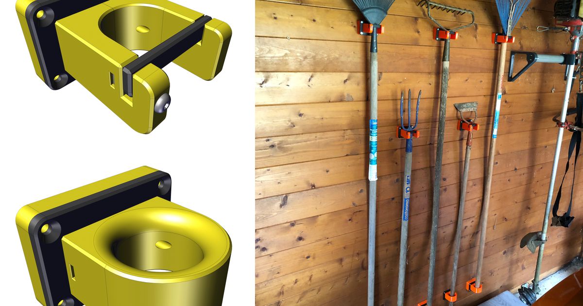 3D printed garden tool holder mounted on a wall for trowels, pruners, and small garden hand tools