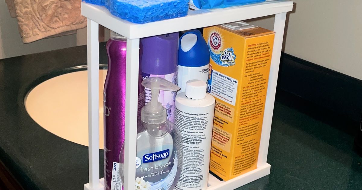3D printed under-sink storage shelf organizer for kitchen or bathroom cabinet organization