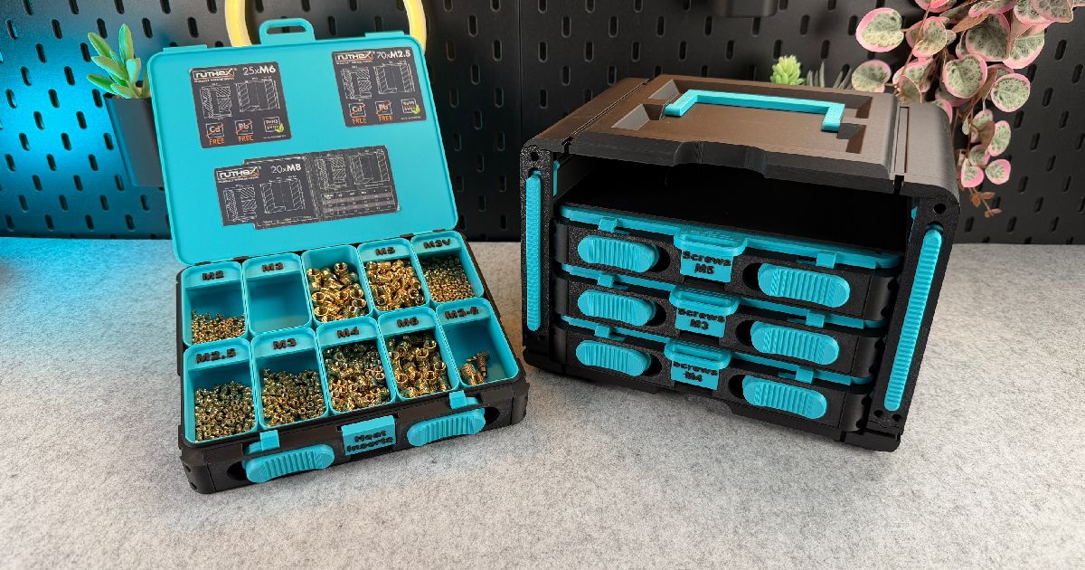 3D printed Organizer Box XL Pro locking parts box system with sliding lid and organized small hardware storage