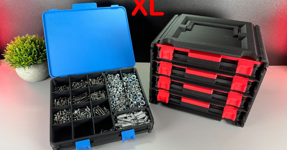 3D printed Organizer Box XL locking parts box system with sliding lid and modular storage layout
