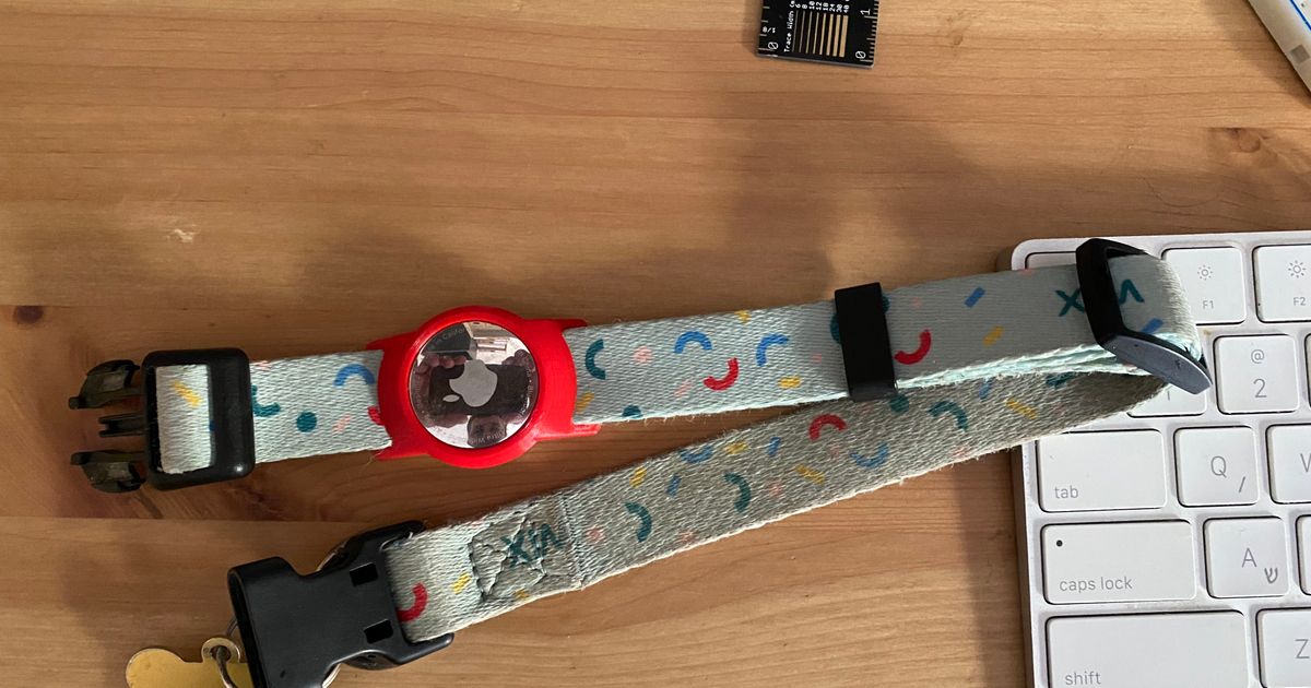 3D printed Apple AirTag holder mounted on a pet collar