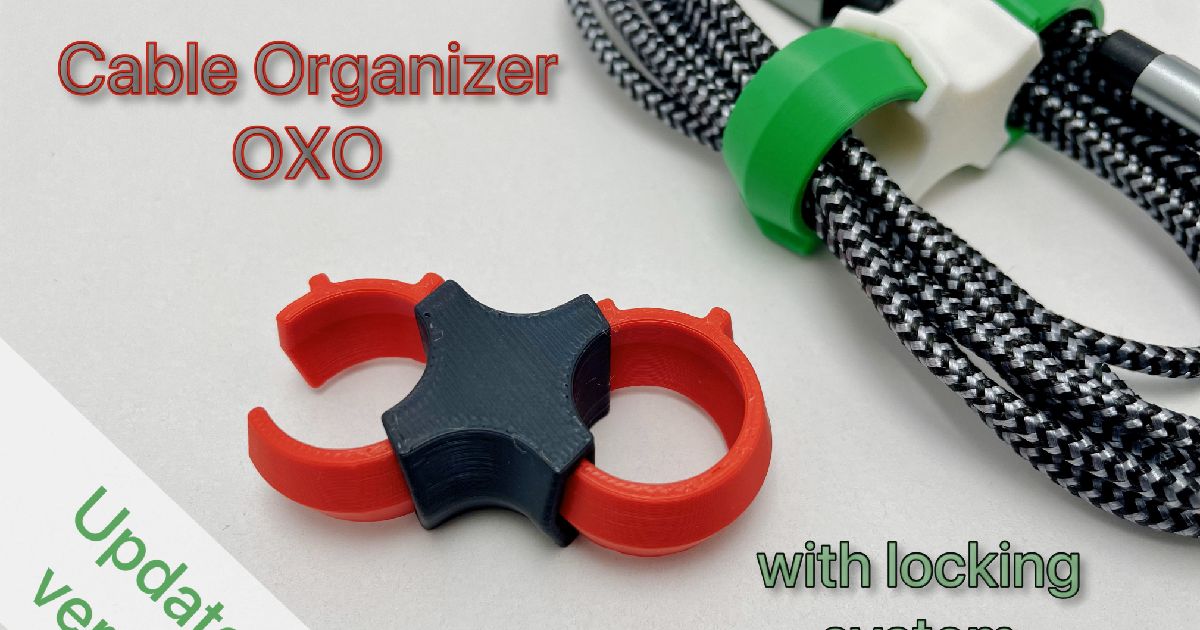 3D printed cable organizer OXO holding a coiled charging cable for cleaner desk and travel storage