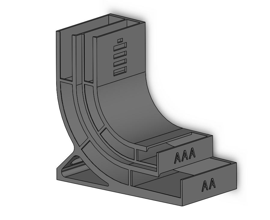 3D printed multi battery dispenser organizer holding AA and AAA batteries in separate rails