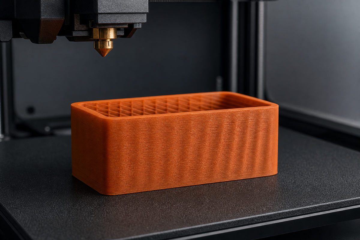 Orange FDM print with grid infill subtly showing as ridges through a continuous outer wall