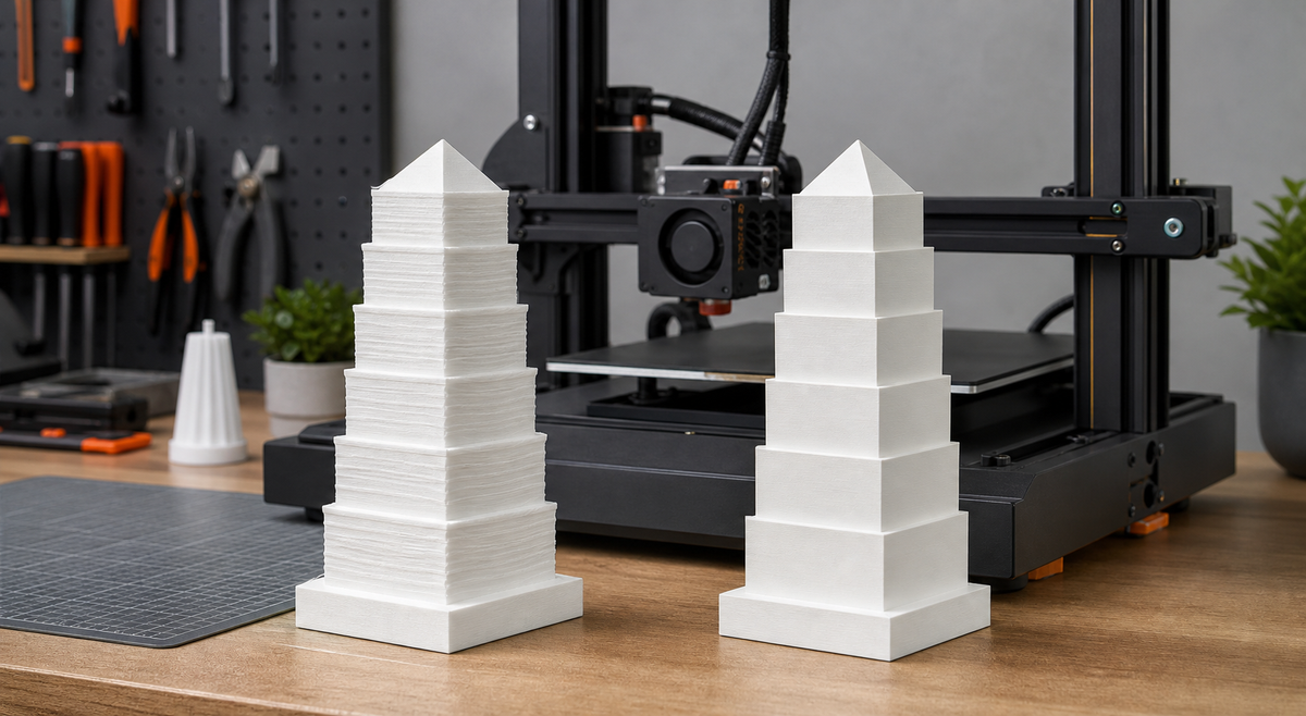 Two white 3D printed calibration towers, one with rippled walls and one with clean walls, in front of an FDM printer.