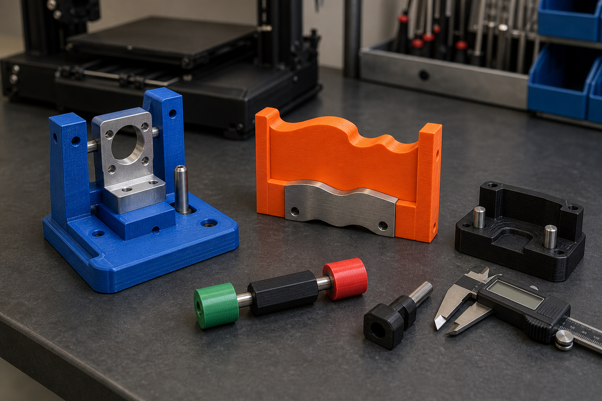Blue, orange, and black 3D printed inspection fixtures, locating nests, and go/no-go gauges with metal pins and a digital caliper on a production workshop bench.