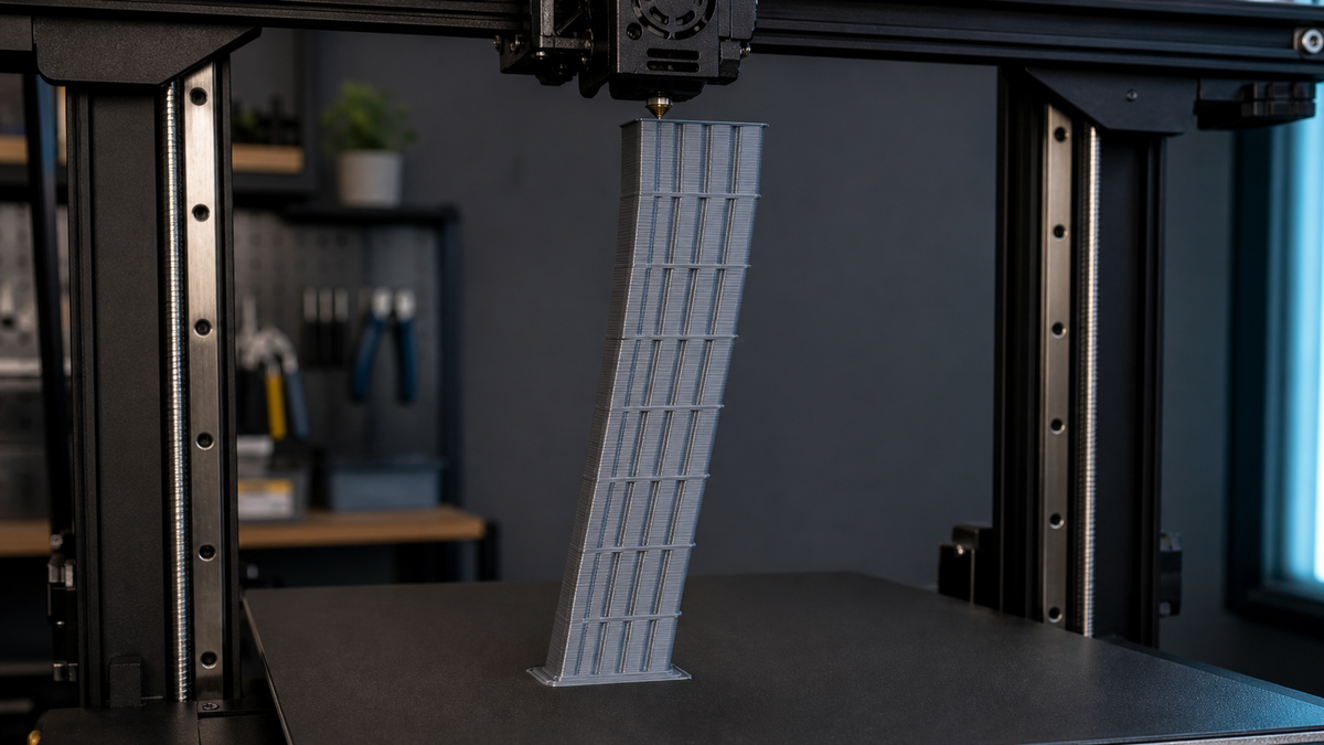Tall gray FDM calibration tower leaning gradually to one side while the 3D printer frame remains vertical.
