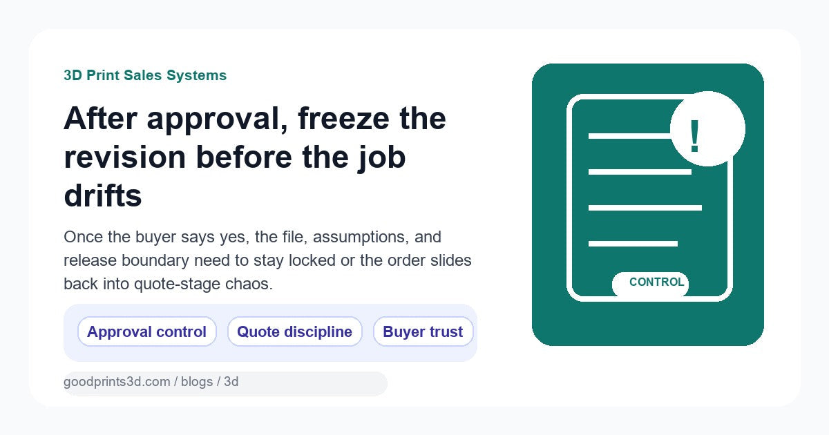 Featured image for a GoodPrints lesson about freezing the approved revision on a 3D printing job before changes push it back into quote-stage confusion.