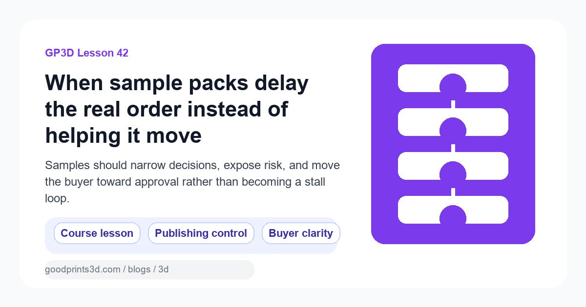 Featured image for GoodPrints Lesson 42 about sample packs, swatch sets, and proof kits that should move the order forward.