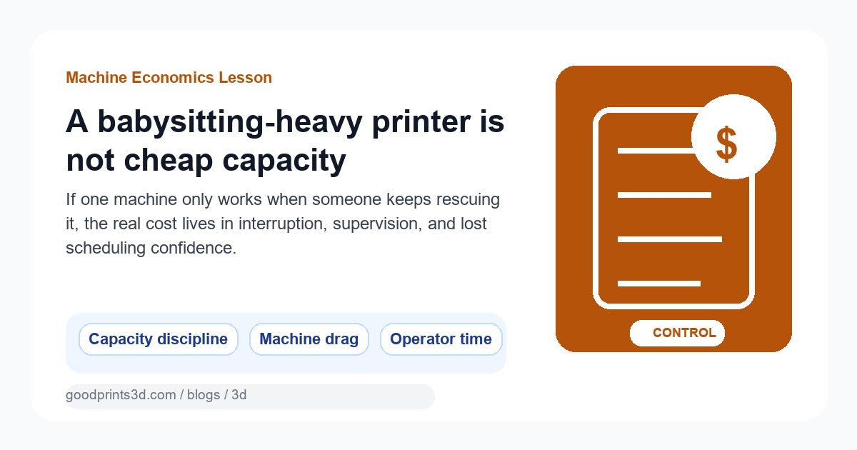 Featured image for a GoodPrints lesson about why a 3D printer that needs constant babysitting is not truly cheap capacity.
