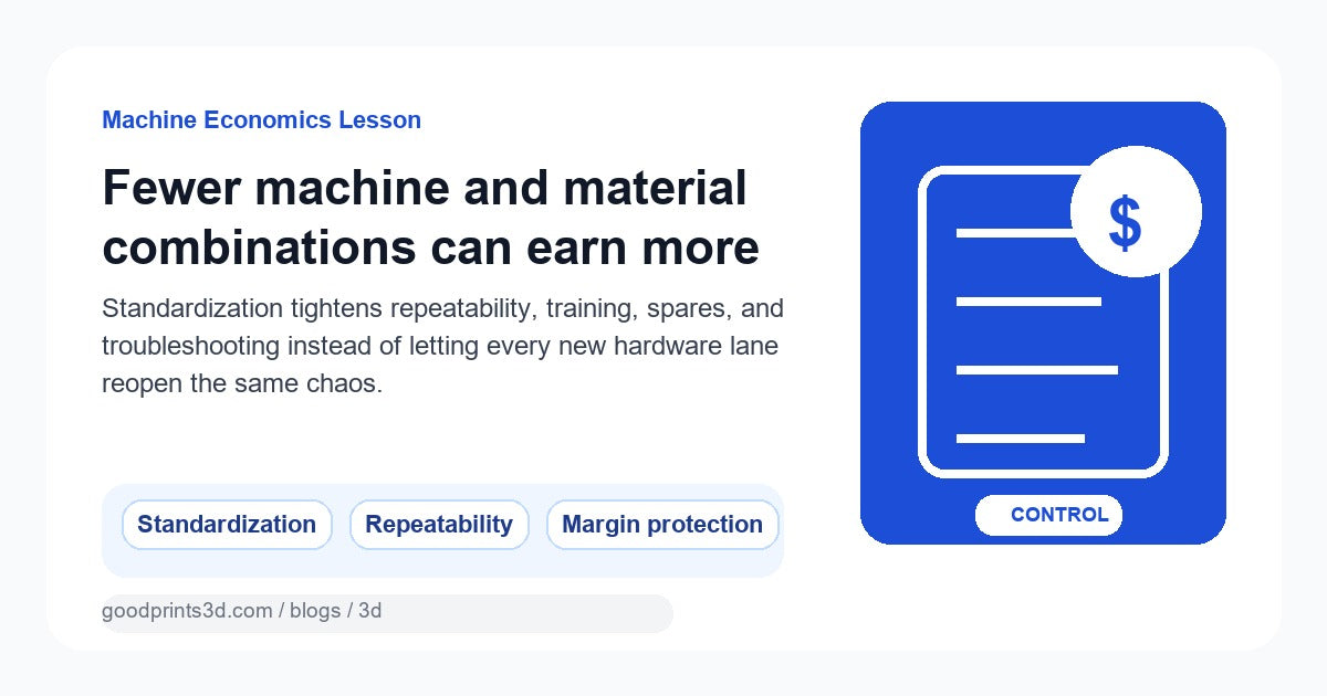 Featured image for a GoodPrints lesson about standardizing around fewer 3D printers and materials instead of chasing every new release.