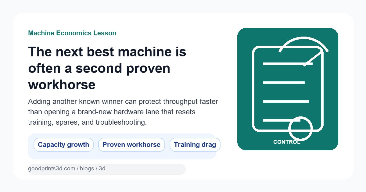Featured image for a GoodPrints lesson about why a second proven 3D printer workhorse often beats adding a new hardware lane.