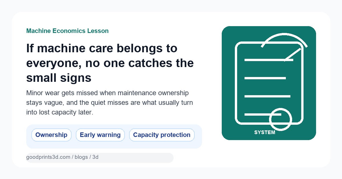 Featured image for a GoodPrints lesson about assigning clear 3D printer maintenance ownership so small warning signs get caught before capacity slips.