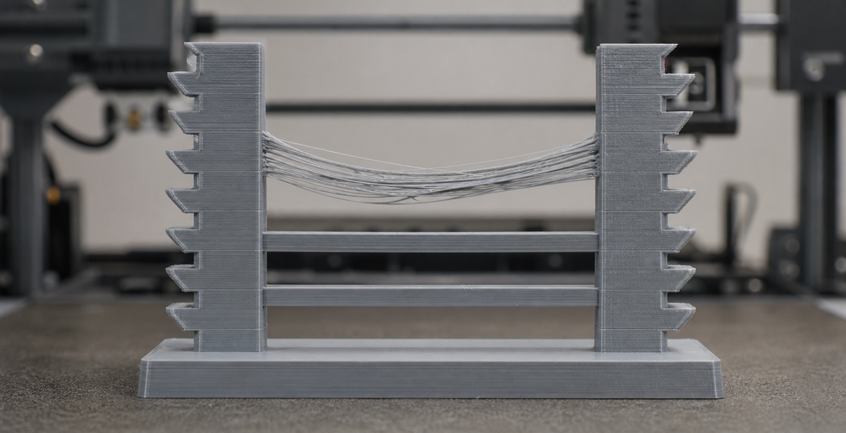 Gray PETG bridge test with long unsupported strands sagging between two printed towers